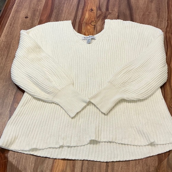 Tommy Bahama Cream V Neck Ribbed Knit Sweater M/M Balloon Sleeve Cotton Blend - Picture 7 of 8